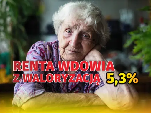 Starsza kobieta z zamyśloną miną. Napis: "RENTA WDOWIA Z WALORYZACJĄ 5,3%". Ile netto?