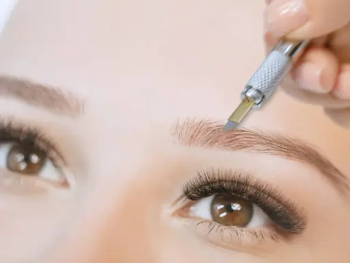 Main d'une esthéticienne réalisant un **tatouage sourcils poil par poil** avec un outil fin. Gros plan sur un œil et un sourcil.