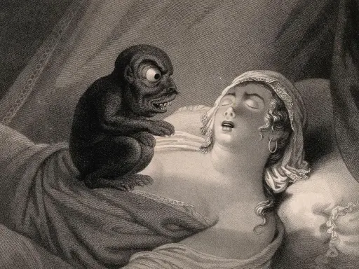 Ein Dämon sitzt auf einer schlafenden Frau. Die Szene stellt die Angst dar, dass man bei einer Schlafparalyse sterben könnte.
