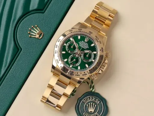 Lussuoso Rolex Daytona in oro giallo con quadrante verde. Il movimento ETA del Rolex è un capolavoro di ingegneria.