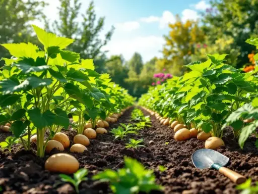Lignes de plants de pomme de terre verts et mûrs, avec des tubercules dorés émergeant de la terre. Une petite pelle repose dans le sol.