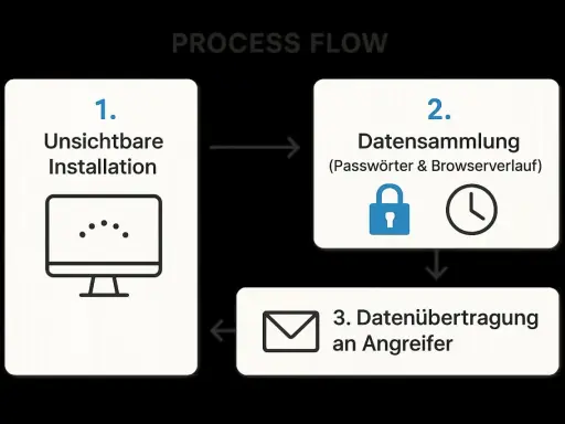 Prozessablauf eines Spyware-Angriffs: Unsichtbare Installation, Datensammlung (Passwörter, Browserverlauf) und Datenübertragung an Angreifer.