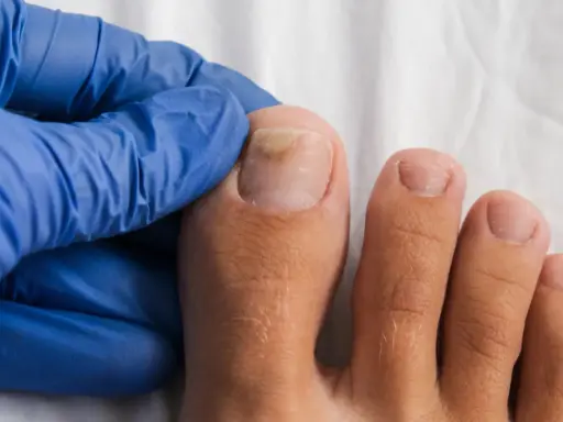 Main d'un podologue examinant un ongle de pied atteint de mycose. Renseignez-vous sur le tarif podologue mycose pour un traitement.