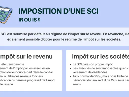 Calculatrice et texte comparant l'impôt sur le revenu (IR) et l'impôt sur les sociétés (IS) pour une SCI.