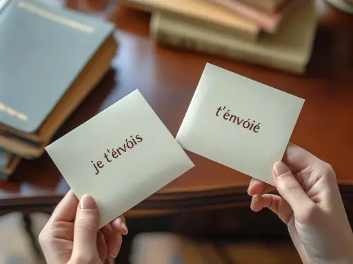 Deux mains tiennent des cartes. L'une dit "je t'envois", l'autre "t'envoie". Des livres sont en arrière-plan.