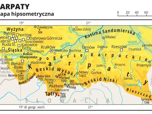 Mapa hipsometryczna Karpat, pokazująca Beskidy, gdzie leżą: między Krakowem a Słowacją, z zaznaczonymi pasmami jak Beskid Żywiecki, Wysoki i Niski.