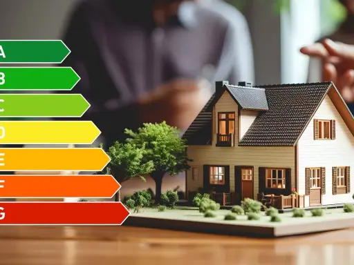Energieeffizienz-Skala neben Hausmodell. Ein Energieberater erstellt einen Sanierungsfahrplan für Ihr Zuhause.