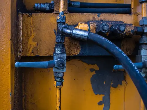 Détail d'un système hydraulique avec un tuyau noir marqué "HANSA-FLEX HD 24", un levier bleu et un sertissage flexible sur fond jaune usé.