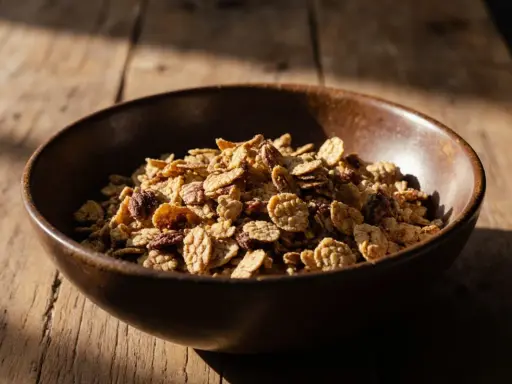 Schüssel mit knusprigem Müsli, perfekt für ein schnelles Frühstück aus dem Airfryer.