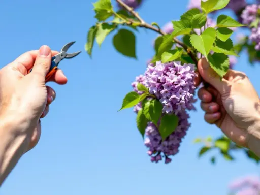 Quand tailler les lilas : une main tient un sécateur, l'autre saisit une branche de lilas en fleurs sous un ciel bleu.