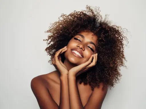 Una mujer sonríe con los ojos cerrados, su cabello rizado enmarca su rostro. Su piel radiante y su expresión serena sugieren cómo parecer más joven.