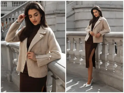 Elegancka kobieta w modnej, beżowej kurtce i brązowej sukience z rozcięciem. Idealna stylizacja na jesień.