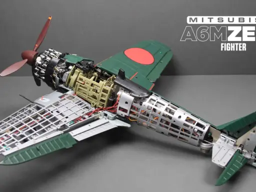 Detailgetreues Modell eines Mitsubishi A6M Zero-Jägers, dessen Innenleben freigelegt ist.