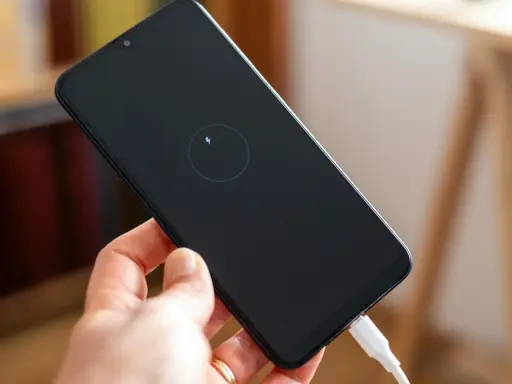 Dłoń trzyma smartfon z ikoną ładowania zwrotnego na czarnym ekranie. Podłączony biały kabel USB.