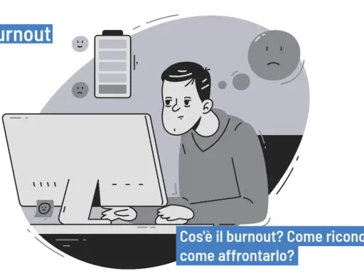 Uomo esausto davanti al PC, con batteria scarica e faccine tristi. Psicologia del burnout: come riconoscerlo e affrontarlo.