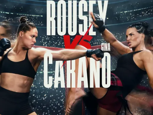 Ronda Rousey in azione, in un poster di un film di combattimento. La sua avversaria è Gina Carano.