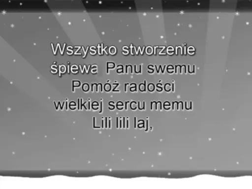 Gdy śliczna panna tekst kolędy "Lili lili laj" na tle zimowego krajobrazu ze śnieżynkami i choinką.