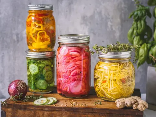 Bunte Gläser mit eingelegtem Gemüse, perfekt für ein mixed pickles rezept. Gurken, rote Zwiebeln und gelbe Paprika sind sichtbar.