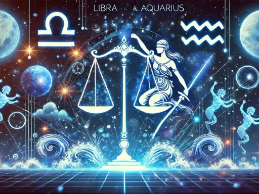 Kosmiczna wizja z wagą sprawiedliwości, symbolami Libry i Aquariusa, planetami i świetlistymi postaciami. W tej przestrzeni, gdzie rodzą się denarów uczucia, gwiazdy splatają losy.