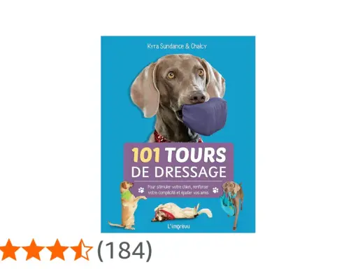 Livre "101 tours de dressage" pour apprendre des tours à son chien. Un Weimaraner tient un coussin dans sa gueule.