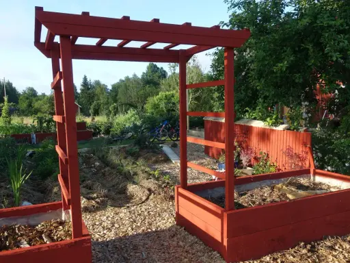 A red wooden pergola frame stands in a garden with raised beds and greenery.