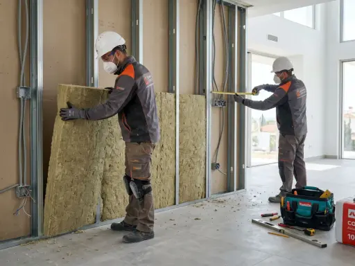 Dos obreros instalan aislamiento en una pared. El material, que parece lana de roca, se coloca entre perfiles metálicos. Se ve una caja de Rockwool y herramientas. Las subvenciones se devuelven con trabajo de calidad.