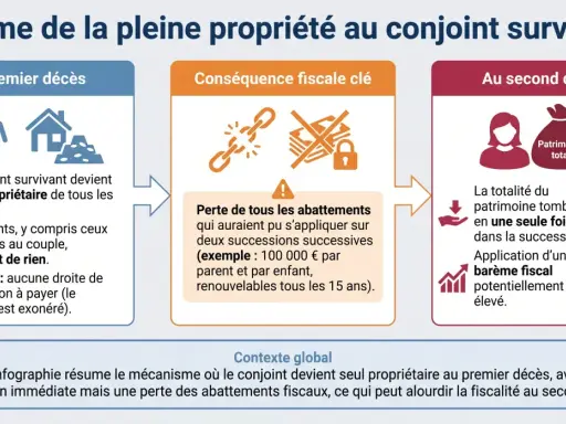 Infographie sur le régime de la pleine propriété au conjoint survivant : au premier décès, le conjoint hérite de tout sans droits de succession, mais perd les abattements fiscaux, alourdissant la fiscalité au second décès.