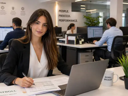 Donna al lavoro in ufficio, concentrata su report e laptop. Gestisce le risorse umane e lo stipendio.