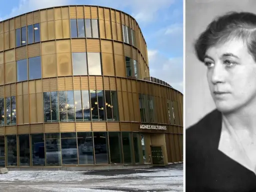 Agnes kulturhus, en modern byggnad i guld, bredvid ett porträtt av författaren Agnes von Krusenstjerna.