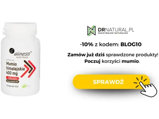 Opakowanie suplementu diety Aliness Mumio himalajskie 400 mg. Poczuj korzyści mumio.