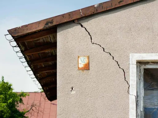 Grieta en pared de edificio, indicando problemas de **seguridad estructural**. Se observa un alero de madera y un cielo azul.