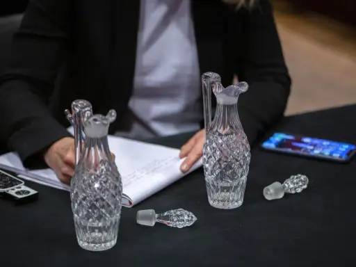 Une personne écrit sur un carnet, entourée de flacons en cristal. Une folle enchère se prépare pour ces objets précieux.