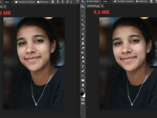Dwa obrazy tej samej dziewczyny, jeden jako PNG (12 MB), drugi jako JPG (6.5 MB).