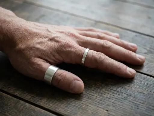 Mano maschile con due anelli d'argento, uno al pollice, che evoca un senso di stile e un possibile anello al pollice significato.