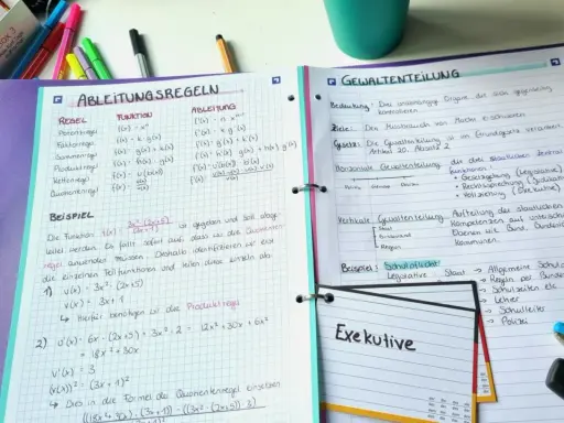 Ein Spickzettel mit Mathe-Formeln zur Ableitung und zum Thema Gewaltenteilung.