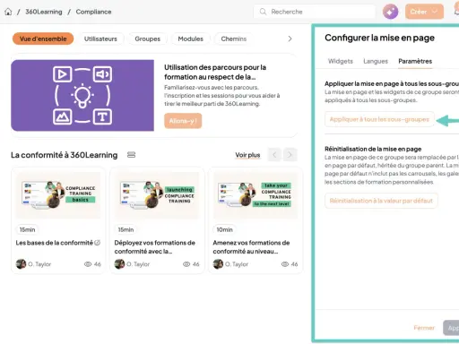 Interface de configuration de la mise en page pour une meilleure organisation des formations. Bouton "Appliquer à tous les sous-groupes" visible.