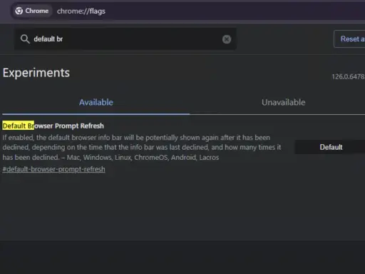 Ekran Chrome://flags z wyszukiwaną frazą "default br" i opcją "Default Browser Prompt Refresh".