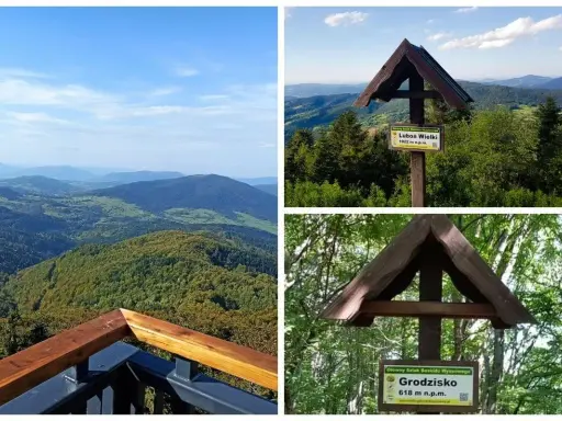 Beskid Wyspowy atrakcje: widok na góry, tabliczki szlaków na Luboń Wielki (1022 m) i Grodzisko (618 m).