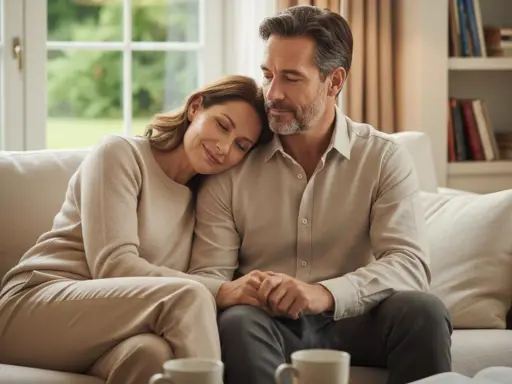 Una pareja en un sofá, ella apoya la cabeza en su hombro. Sus manos entrelazadas reflejan que es la intimidad en la pareja.