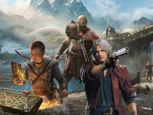 Kratos i Atreus z God of War na Switchu, obok nich Dante z pistoletem.