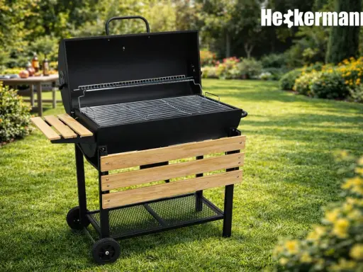 Nowy grill Heckermann czeka na rozpalenie. Wystarczy kilka prostych kroków, by cieszyć się smakiem potraw z rusztu w ogrodzie.