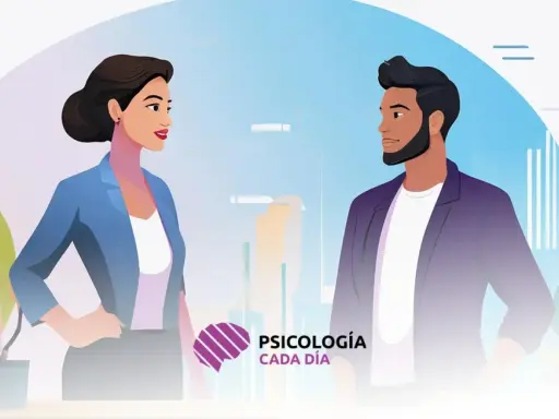 Dos personas conversan, fomentando la comunicación abierta. Un cerebro estilizado y el texto "Psicología Cada Día" sugieren un enfoque en el bienestar mental.