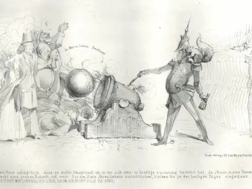 Karikatur zur Revolution 1848: Ein Soldat zündet eine Kanone, während Berliner fliehen.