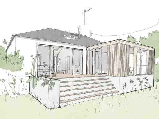 Croquis d'une extension de maison moderne avec terrasse en bois. Estimation du prix extension maison 20m2.