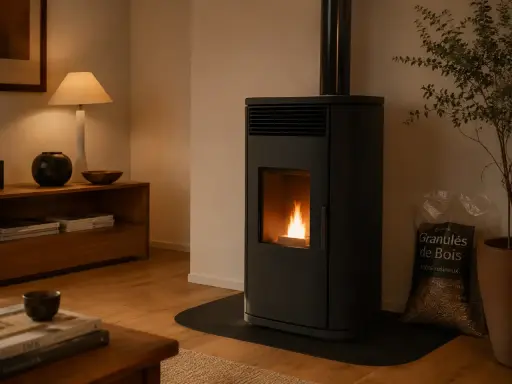 Poêle à granulés moderne en fonctionnement, avec une flamme vive. À côté, un sac de granulés de bois, prêt pour le ramonage.