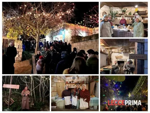 Scene del presepe vivente di San Donato di Lecce: persone in costume, bancarelle e luci natalizie creano un'atmosfera magica.