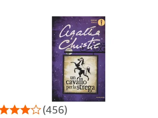 Copertina del libro "Un cavallo per la strega" di Agatha Christie, con un cavallo nero su sfondo viola stellato.