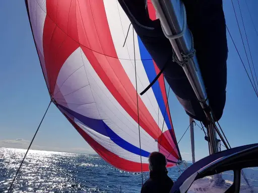 Un spi symétrique aux couleurs vives gonflé par le vent, naviguant sur une mer scintillante sous un ciel bleu clair.