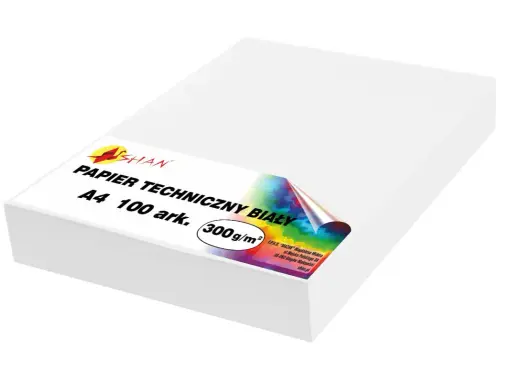 Biały papier techniczny A4, 100 arkuszy. Jego gramatura papieru 300g/m2 zapewnia wytrzymałość. Idealny do druku i rysunku.