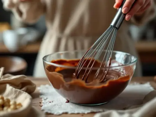Une main utilise un fouet pour travailler le chocolat fondu dans un bol en verre. Des noisettes sont visibles sur le côté.